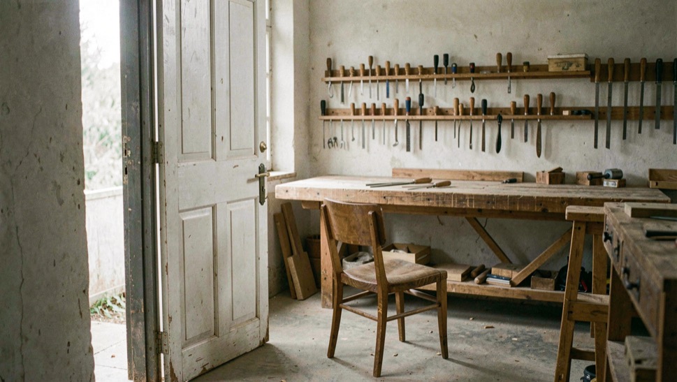 Une porte d’atelier entrouverte sur un établi dégagé, des rabots alignés au mur et une chaise retournée.