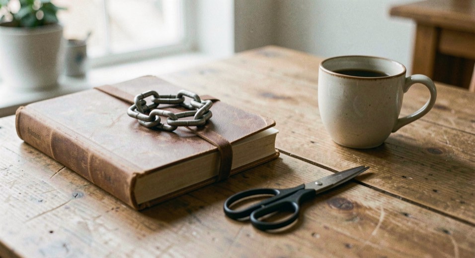 Un cadenas fermé posé sur un cahier relié, à côté d’une tasse et d’une paire de ciseaux, sur un comptoir en bois.