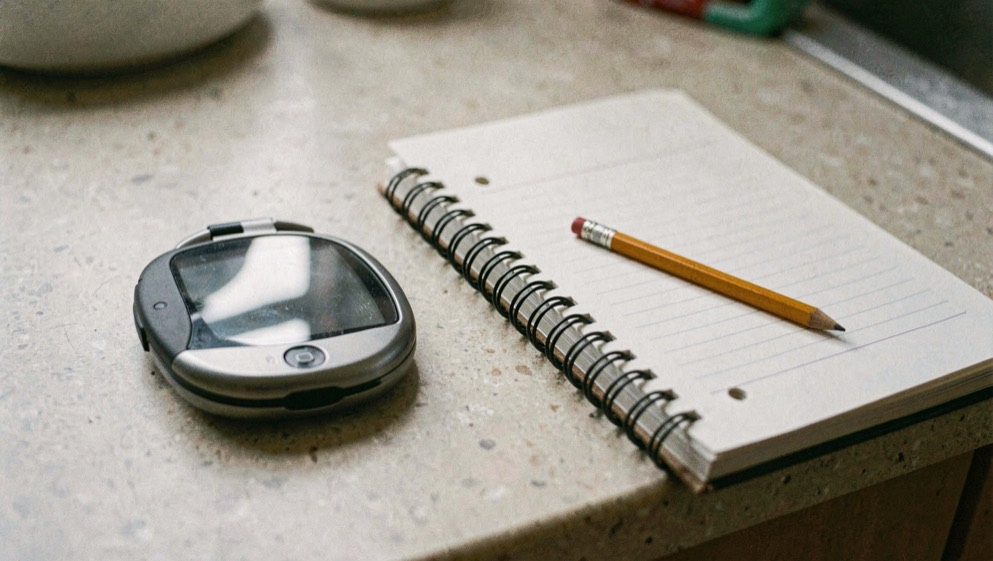 Un téléphone à clapet posé à côté d’un bloc-notes à spirale sur un comptoir, un crayon qui repose dessus.