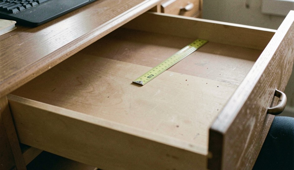 Le tiroir d’un bureau tiré à fond, ses bords et son fond visibles, une règle posée sur le plateau.