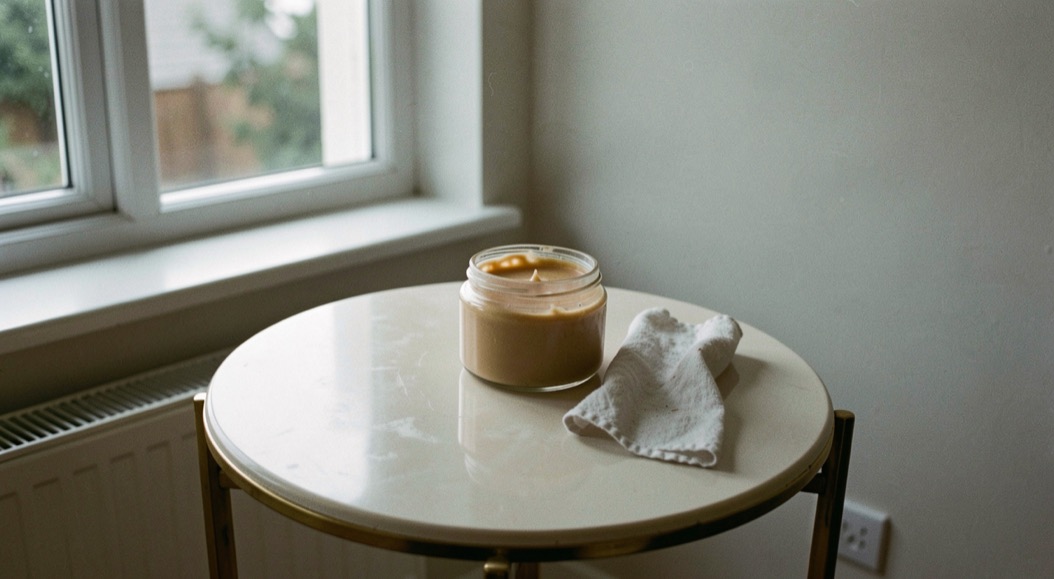 Un salon où un guéridon ciré reflète la fenêtre, un pot de cire et un chiffon posés sur le plateau.