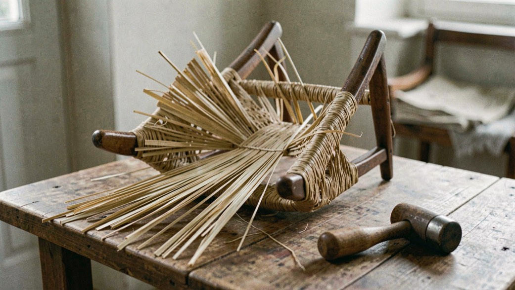 Une chaise paillée retournée sur une table, les brins de paille neuve en éventail et un maillet posé à côté.