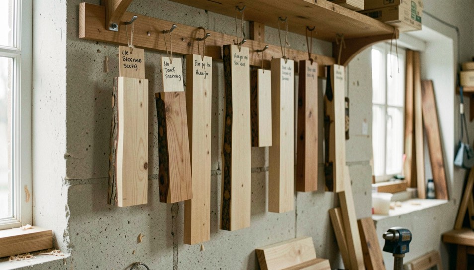 Un pan de mur d’atelier où pendent des échantillons d’assemblages sciés dans des bois différents, étiquetés à l’encre.