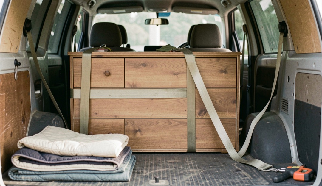 Une commode sanglée dans une camionnette, des couvertures pliées sur le sol et des sangles tendues sur les côtés.